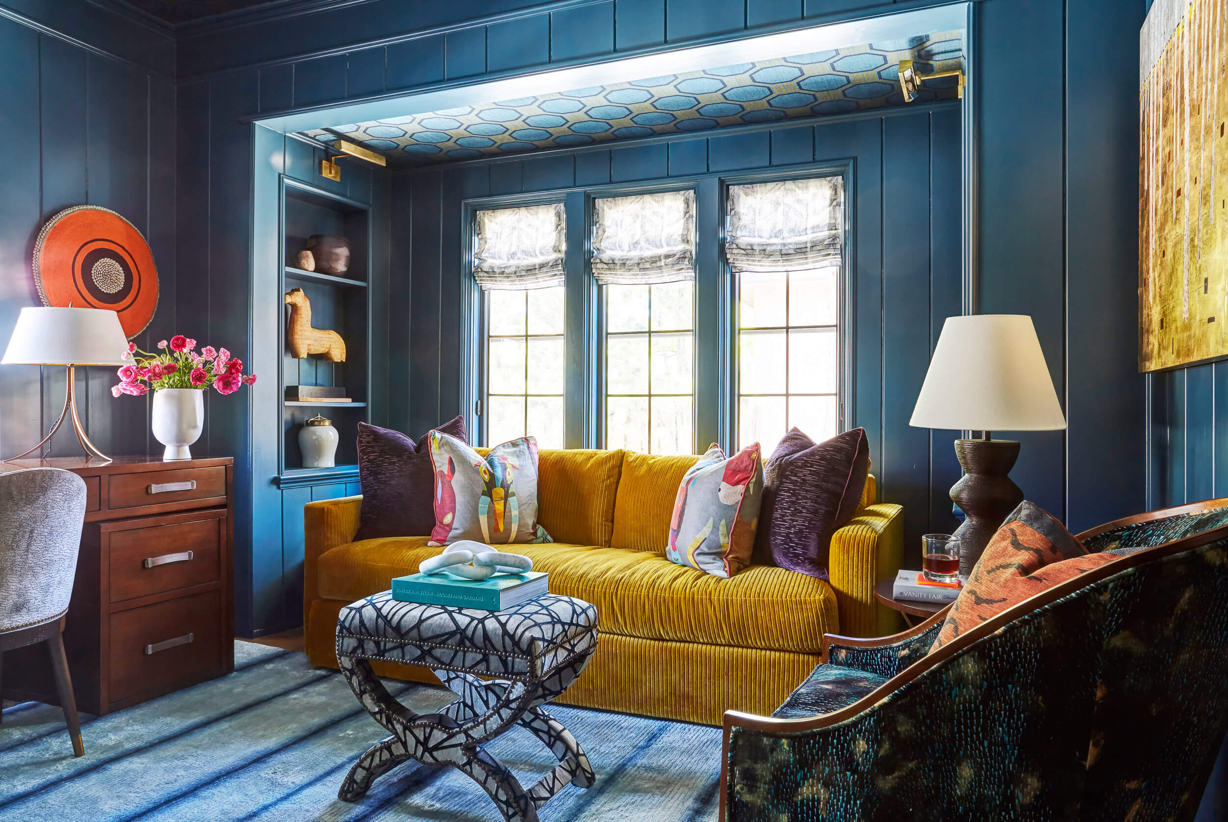 colorful-playful-office-mustard-couch-blue-walls-patterns-texutres-antiques-emily-winters